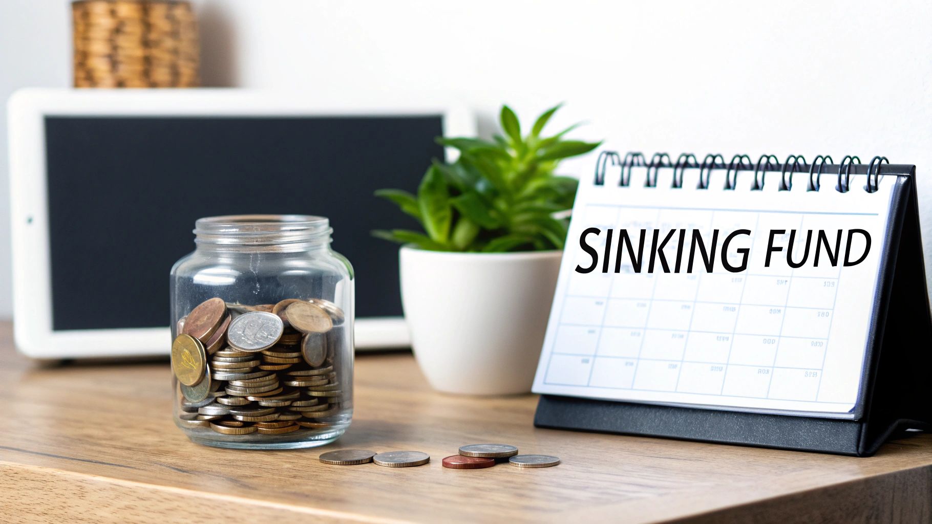 A glass jar full of coins next to a calendar displaying 'SINKING FUND' on a wooden desk.