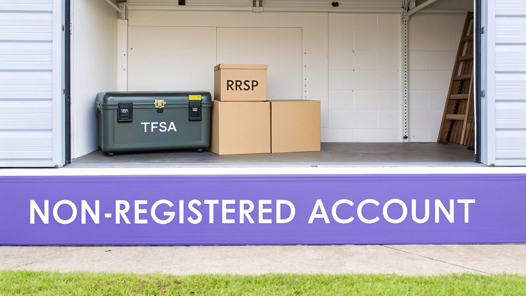 A storage unit with a TFSA trunk, RRSP boxes, and plain boxes, with a ladder in the background. A banner below reads 'NON-REGISTERED ACCOUNT'.