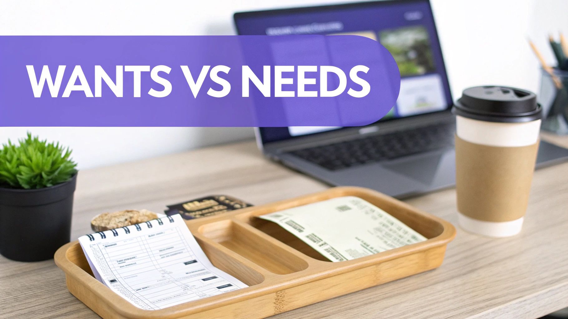 A desk setup with a laptop, coffee, plant, and organizer, featuring 'WANTS VS NEEDS' text.