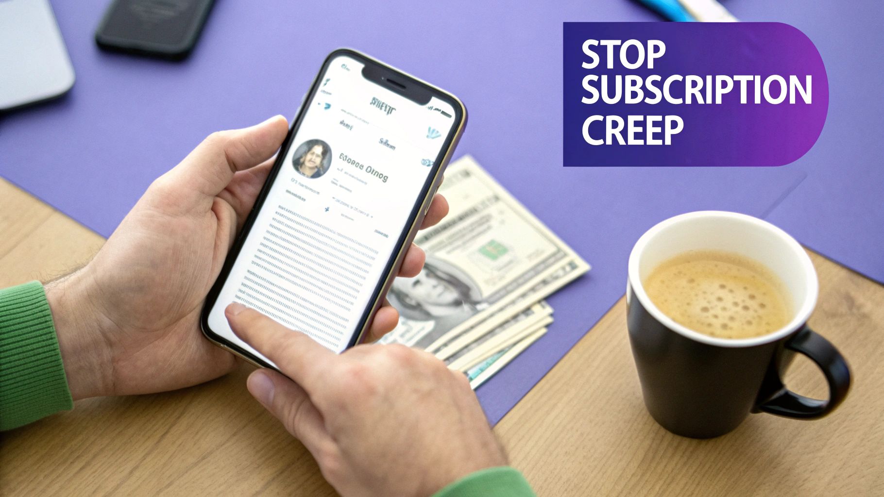 Hands scrolling on a smartphone app to stop subscription creep, with money and coffee nearby.