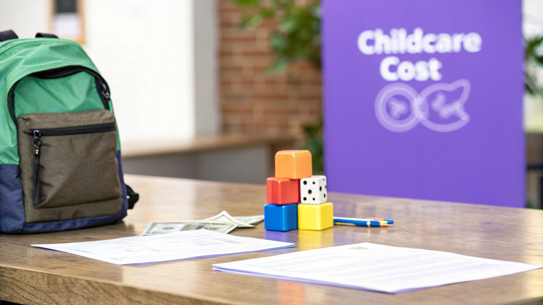 A green backpack, documents, money, and colorful blocks sit on a table, with a 'Childcare Cost' banner in the background.