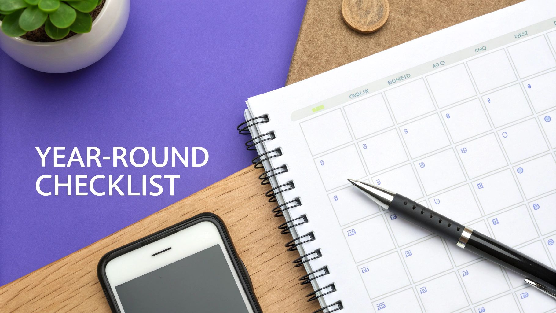 A top-down view of a desk with a calendar, pen, phone, plant, and 'YEAR-ROUND CHECKLIST' text.