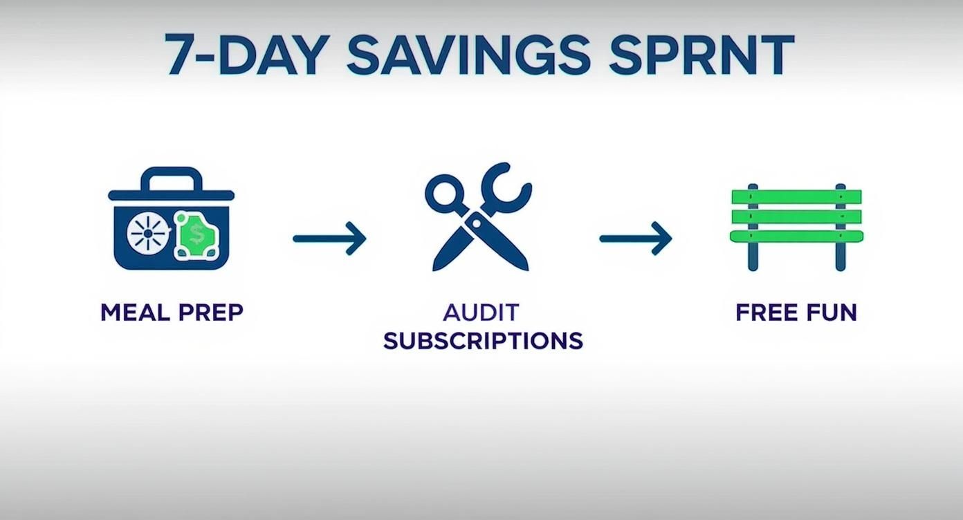A 7-day savings sprint visual guide with steps for meal prep, auditing subscriptions, and free fun.