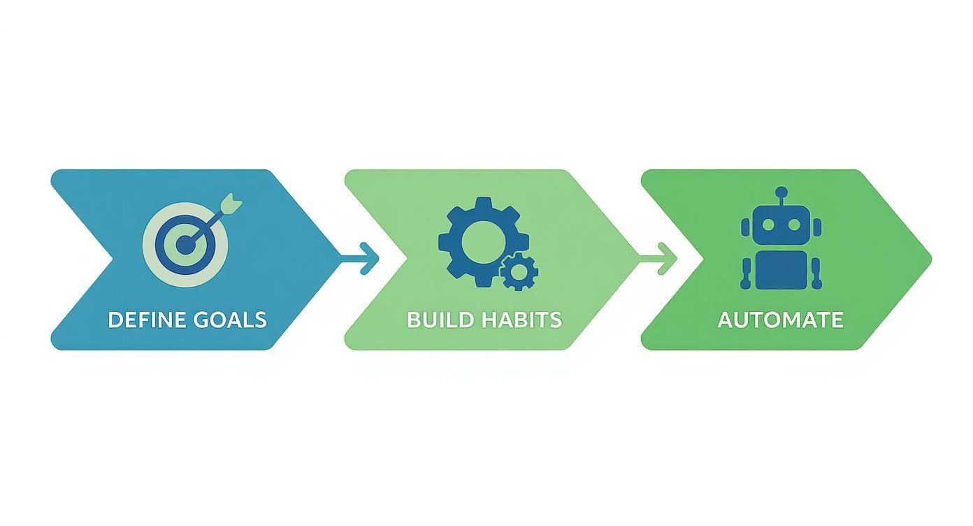 A three-step workflow showing how to define goals, build habits, and automate tasks.