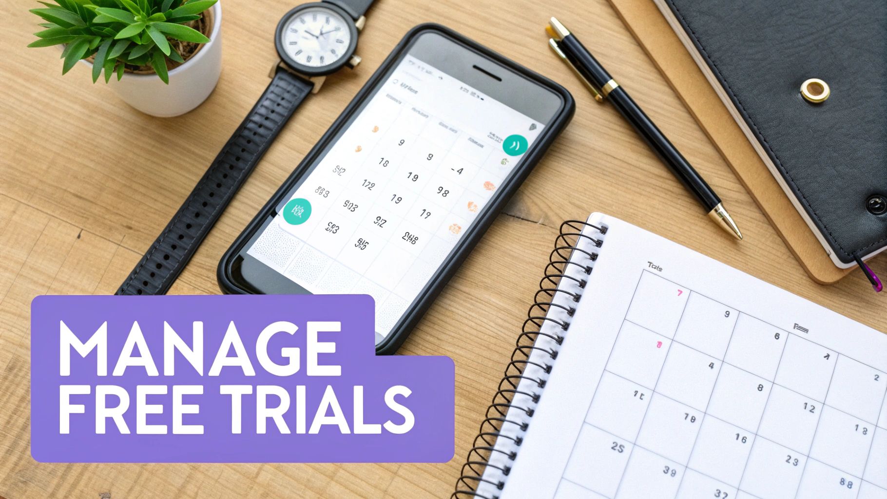 Desk setup with a phone displaying financial data, a calendar, and 'MANAGE FREE TRIALS' text.