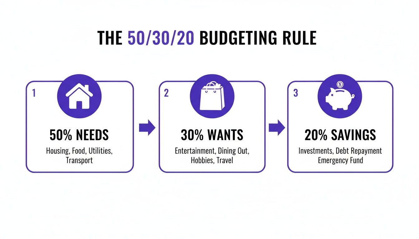 A visual guide explaining the 50/30/20 budgeting rule for personal finance management.