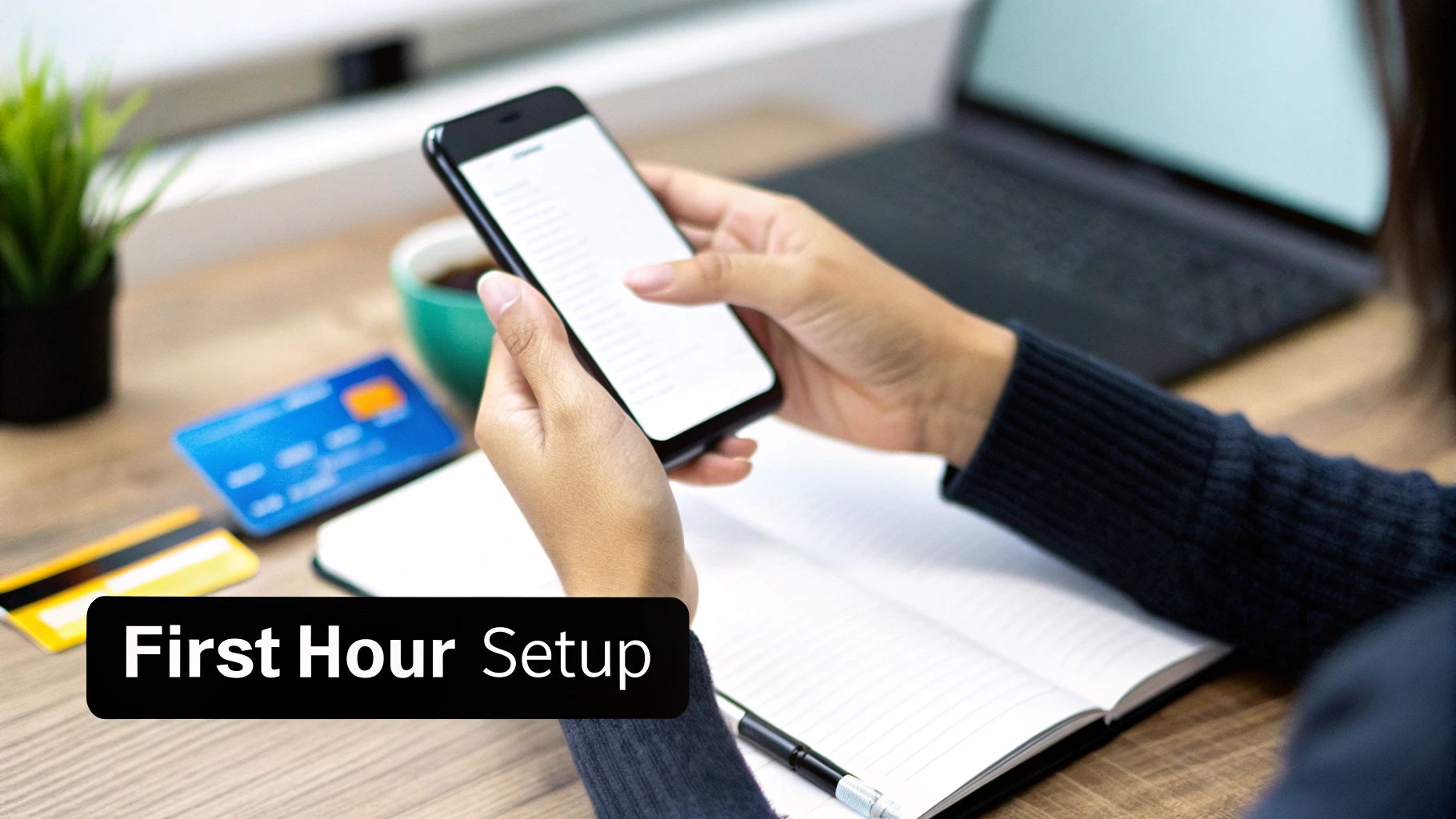 Hands holding a smartphone while credit cards, a notebook, and a laptop are on a wooden desk.