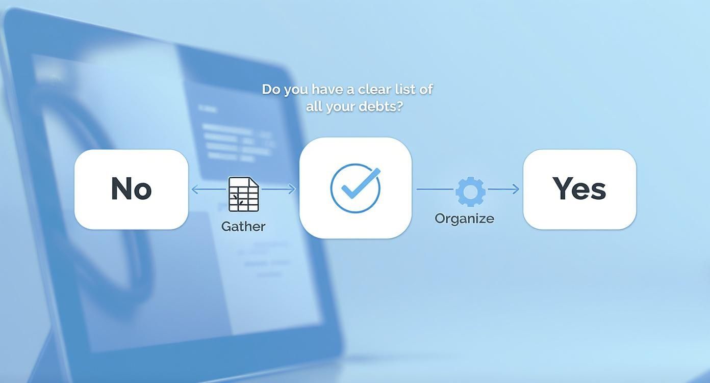Flowchart illustrating debt management steps: asking if a clear debt list exists, then guiding to gather or organize.