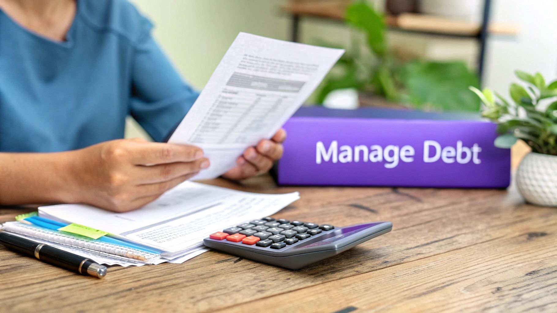 A person reviews financial documents at a wooden desk, with a calculator and a 'Manage Debt' binder.