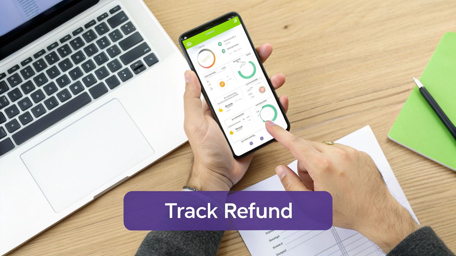 A person's hands are holding a smartphone displaying an app to track a refund, on a wooden desk with a laptop and notebook.