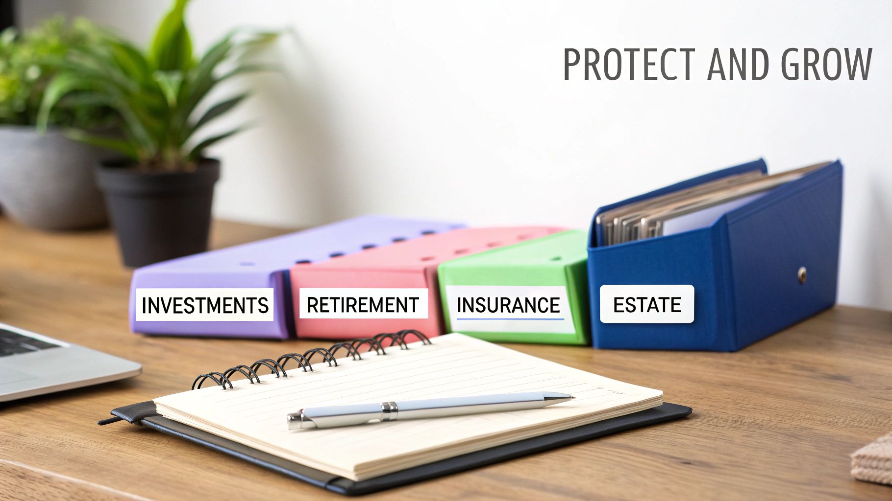 Desk with organized financial folders for investments, retirement, insurance, and estate planning, emphasizing protection and growth.