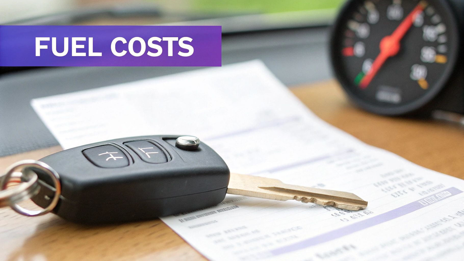 Car key, bill, and a 'FUEL COSTS' banner on a dashboard, representing automotive expenses.