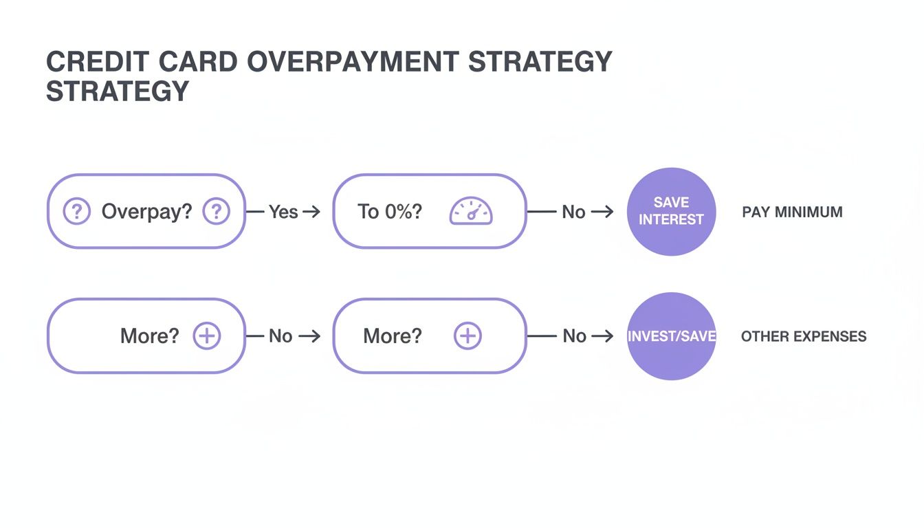 A flowchart detailing a credit card overpayment strategy, guiding decisions on paying interest or saving.