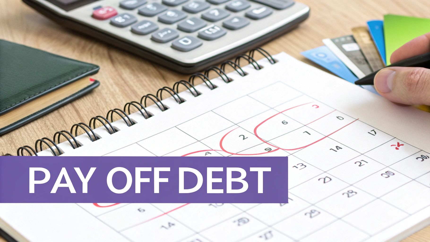 A hand marks a calendar to pay off debt, with a calculator and credit cards nearby.