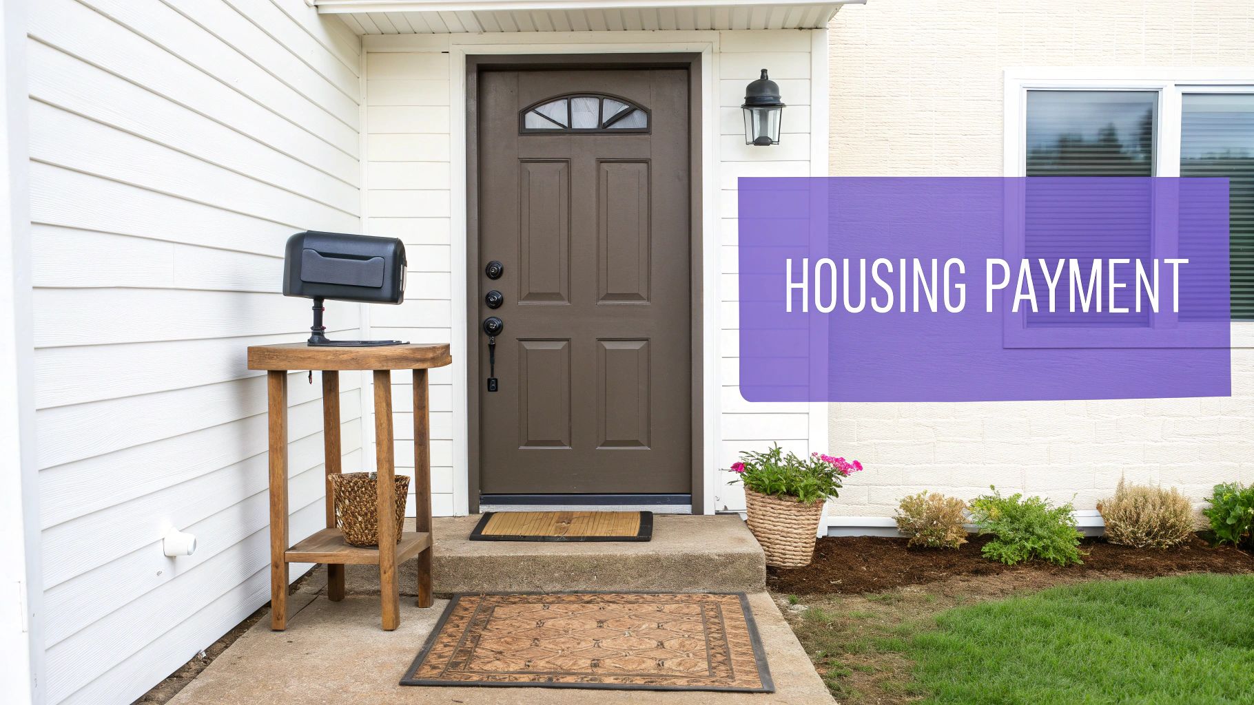 A front door of a house with a mailbox, plants, and a 'HOUSING PAYMENT' overlay.