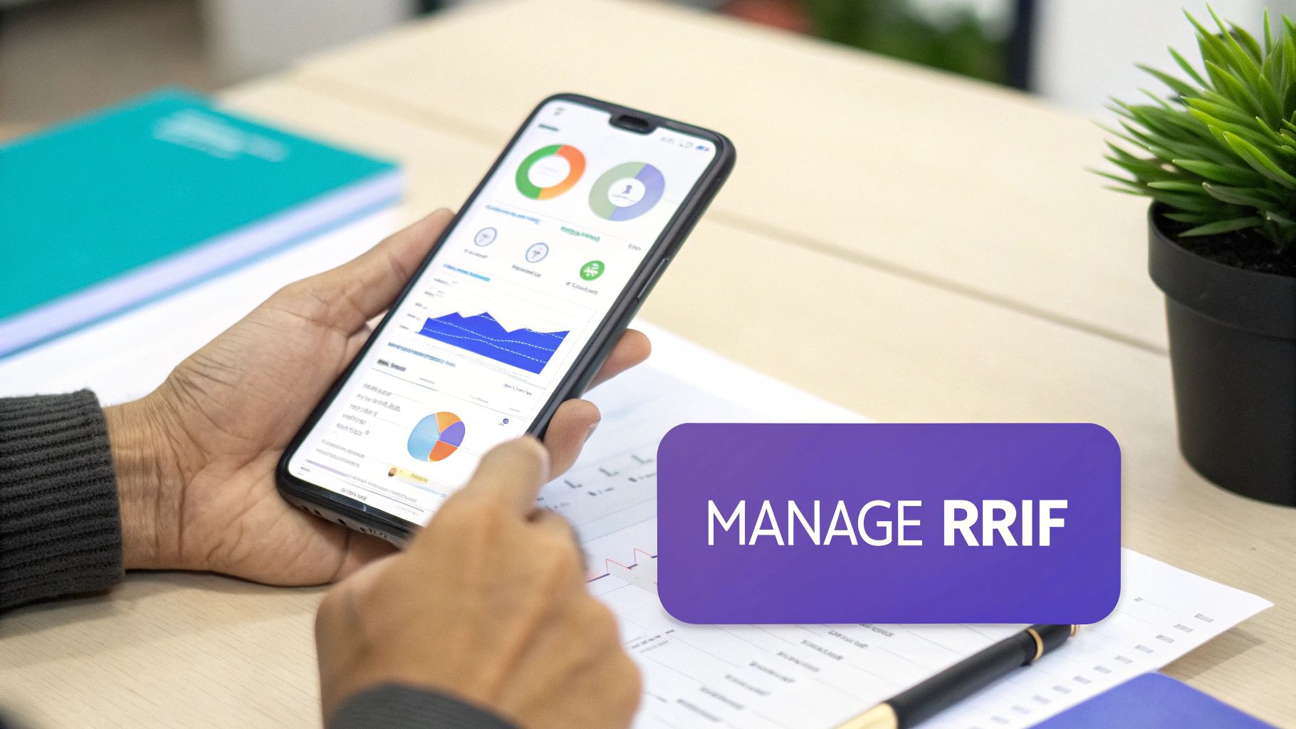 Close-up of a person managing their RRIF on a smartphone, displaying financial data and charts.