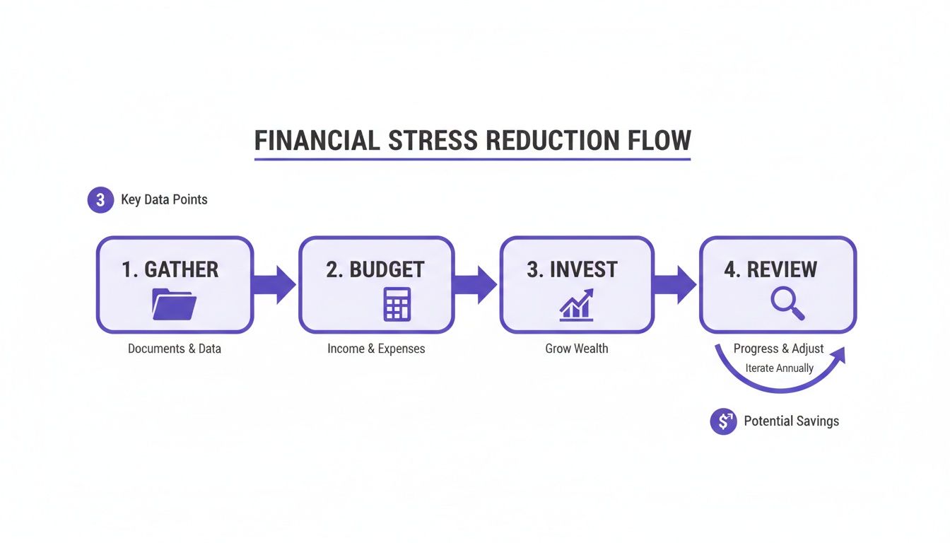 Flowchart showing four steps for financial stress reduction: gather, budget, invest, and review annually.