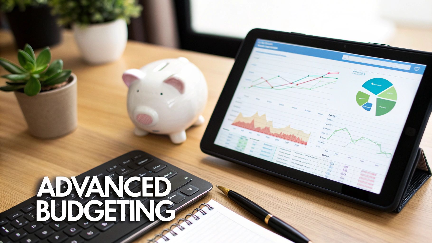 A tablet displays financial charts next to a piggy bank and keyboard, symbolizing advanced budgeting.
