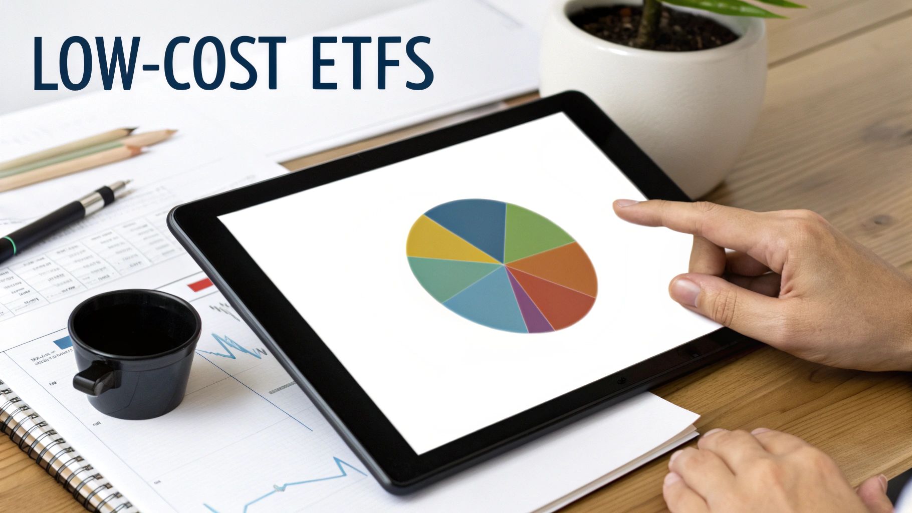 A hand touches a tablet displaying a colorful pie chart on a desk with papers, a pen, and a mug. Text: LOW-COST ETFS.