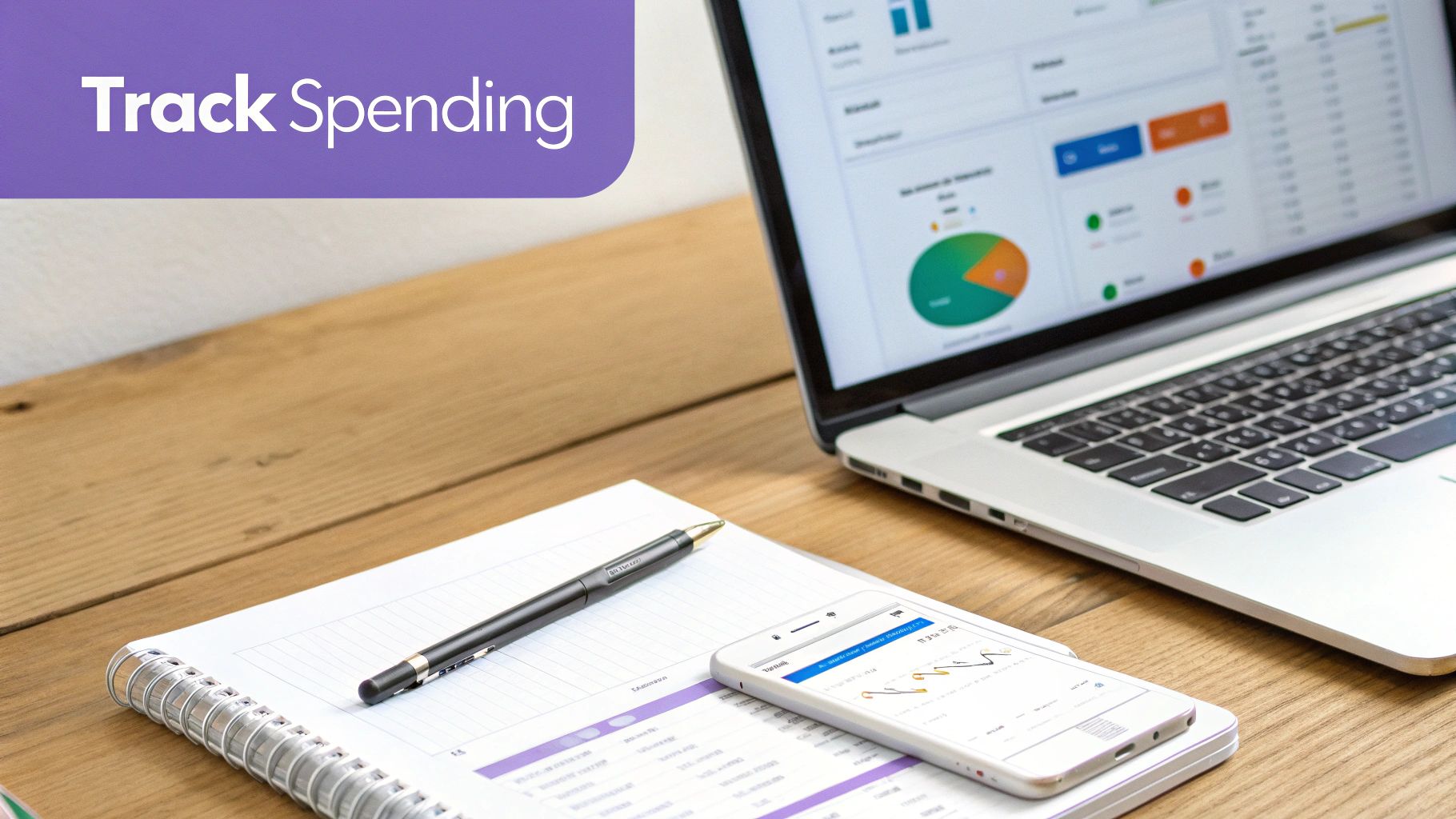 Close-up of a desk with a laptop displaying financial charts, a phone, and notepad, emphasizing spending tracking.