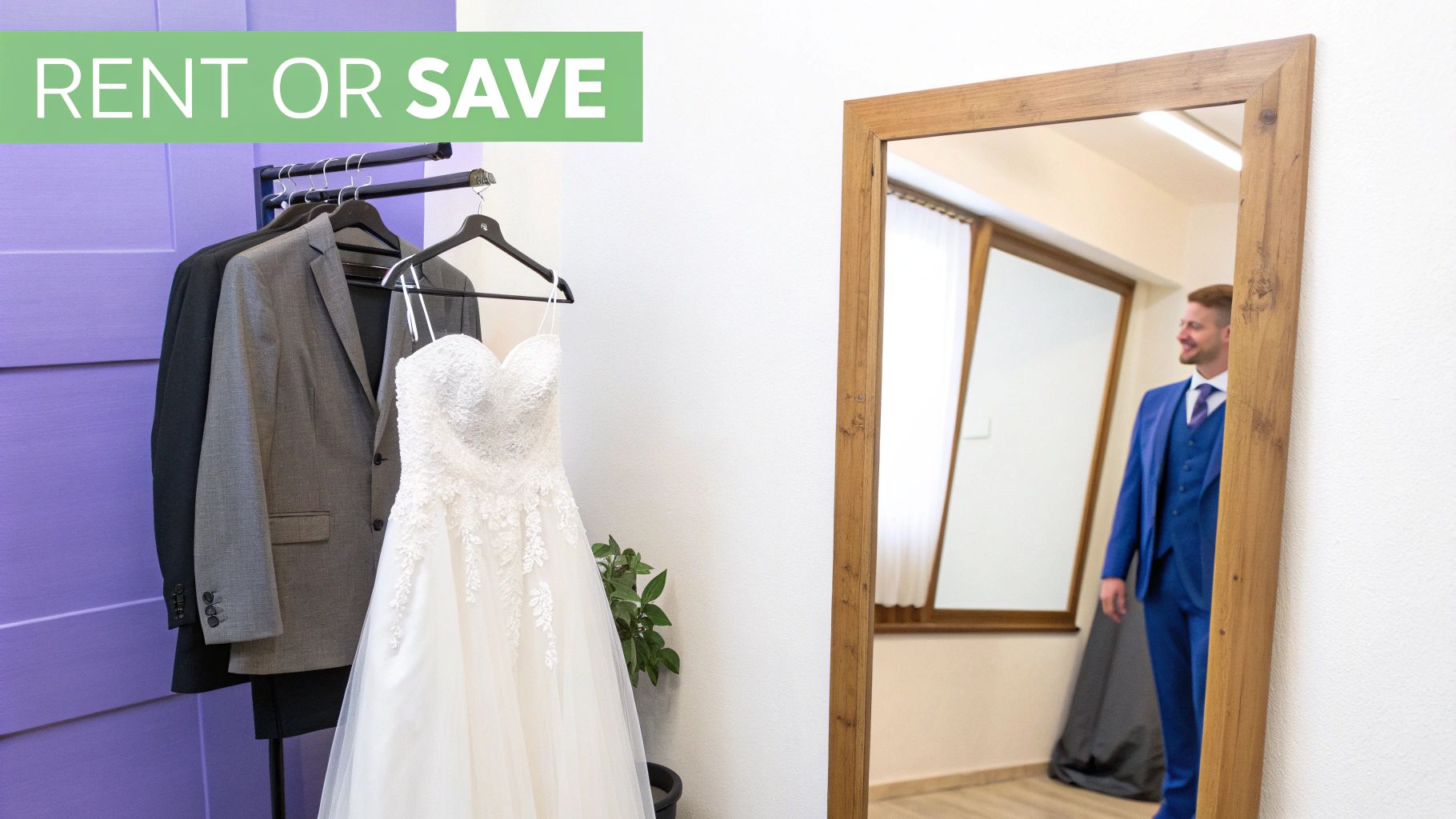 A wedding dress and suits for 'RENT OR SAVE' decision, with a smiling man in blue suit reflected in a mirror.