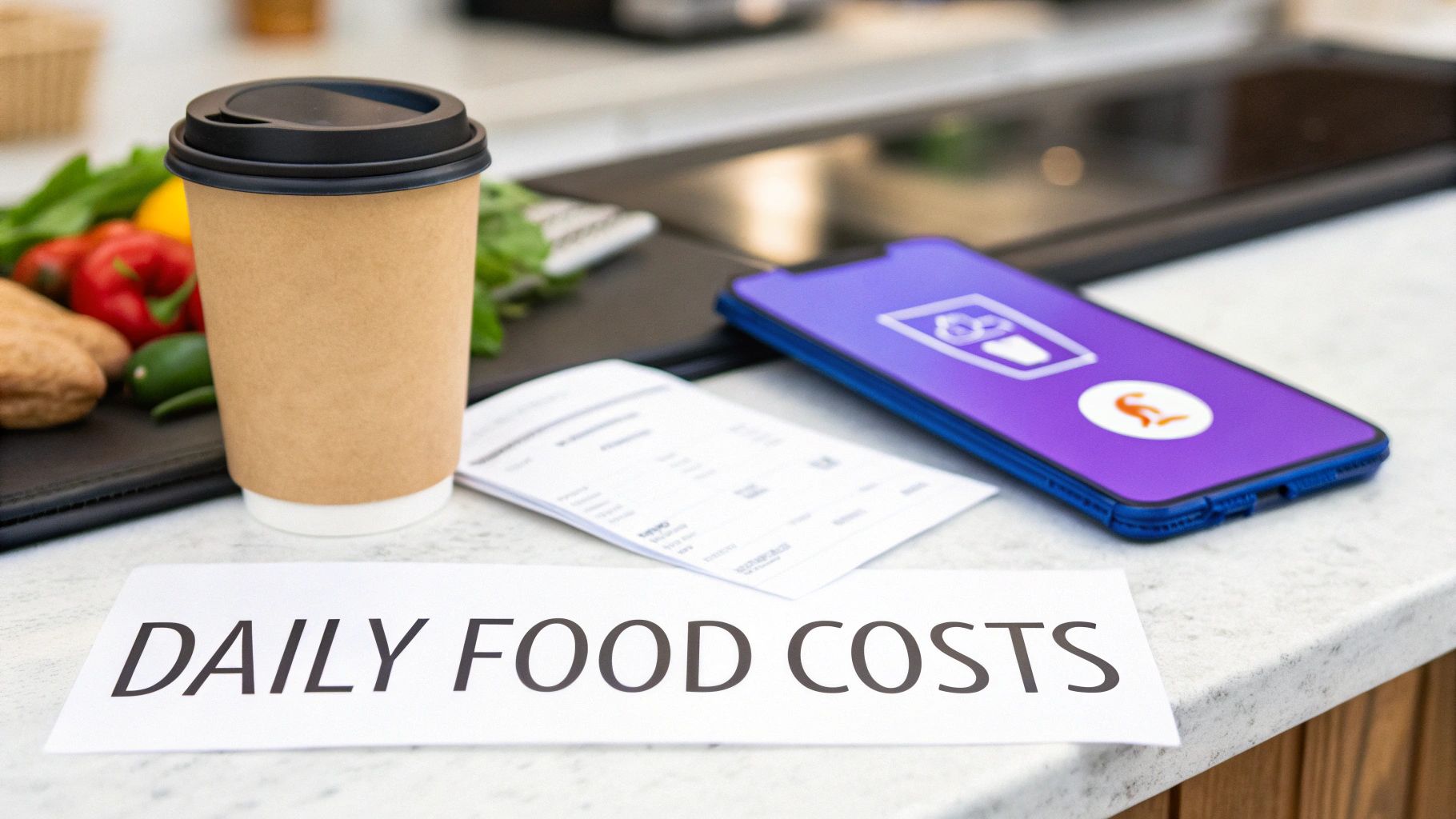 A coffee cup, receipt, smartphone, and fresh food ingredients next to a 'Daily Food Costs' sign.