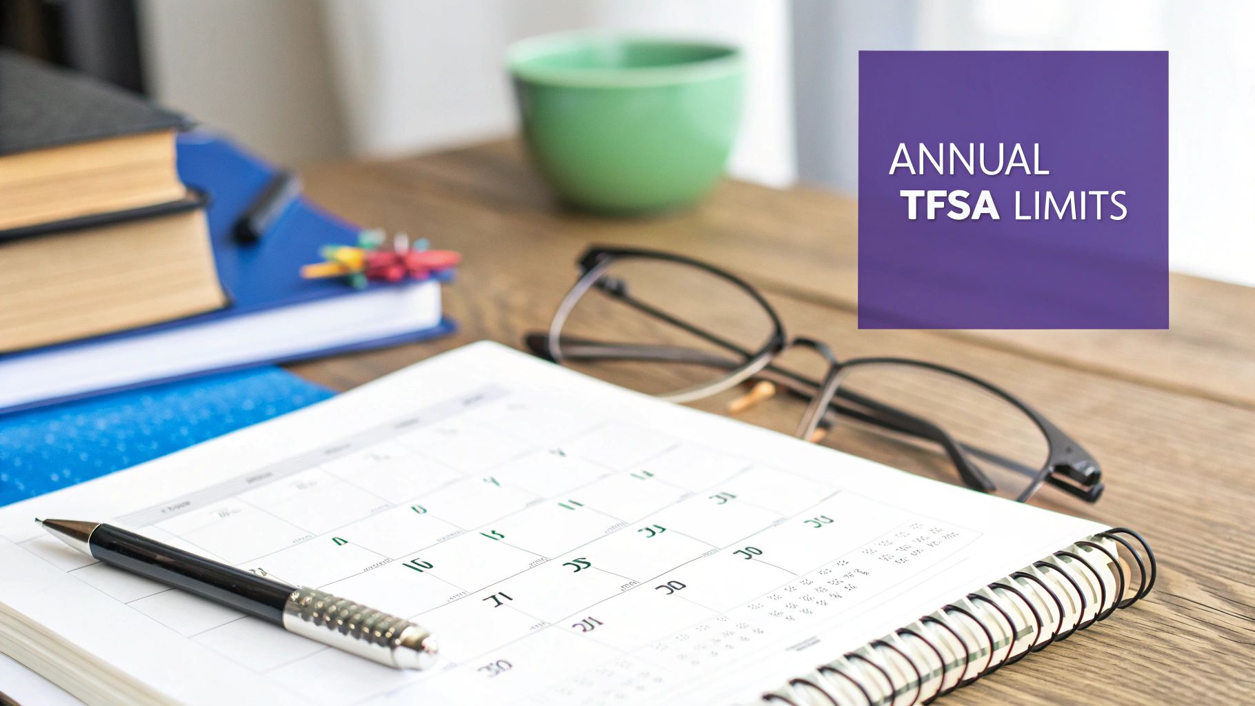 A calendar, pen, and glasses on a wooden desk, with a sign showing 'Annual TFSA Limits'.