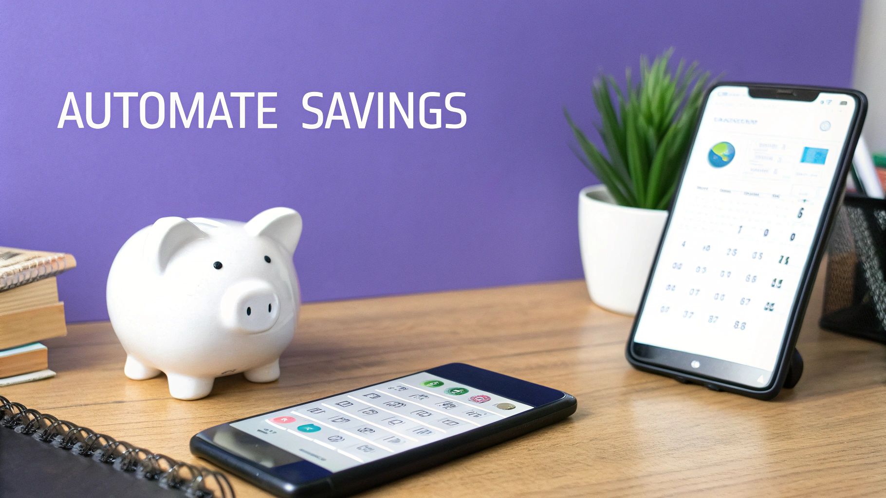A piggy bank, two smartphones with financial apps, and books on a desk, with text 'AUTOMATE SAVINGS'.