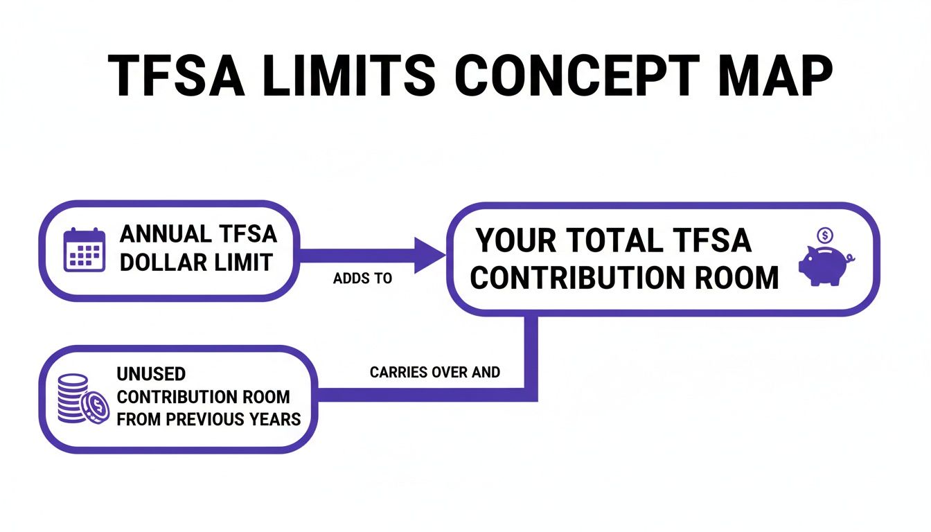 Concept map illustrating how annual TFSA dollar limits and unused room from previous years combine to form total TFSA contribution room.