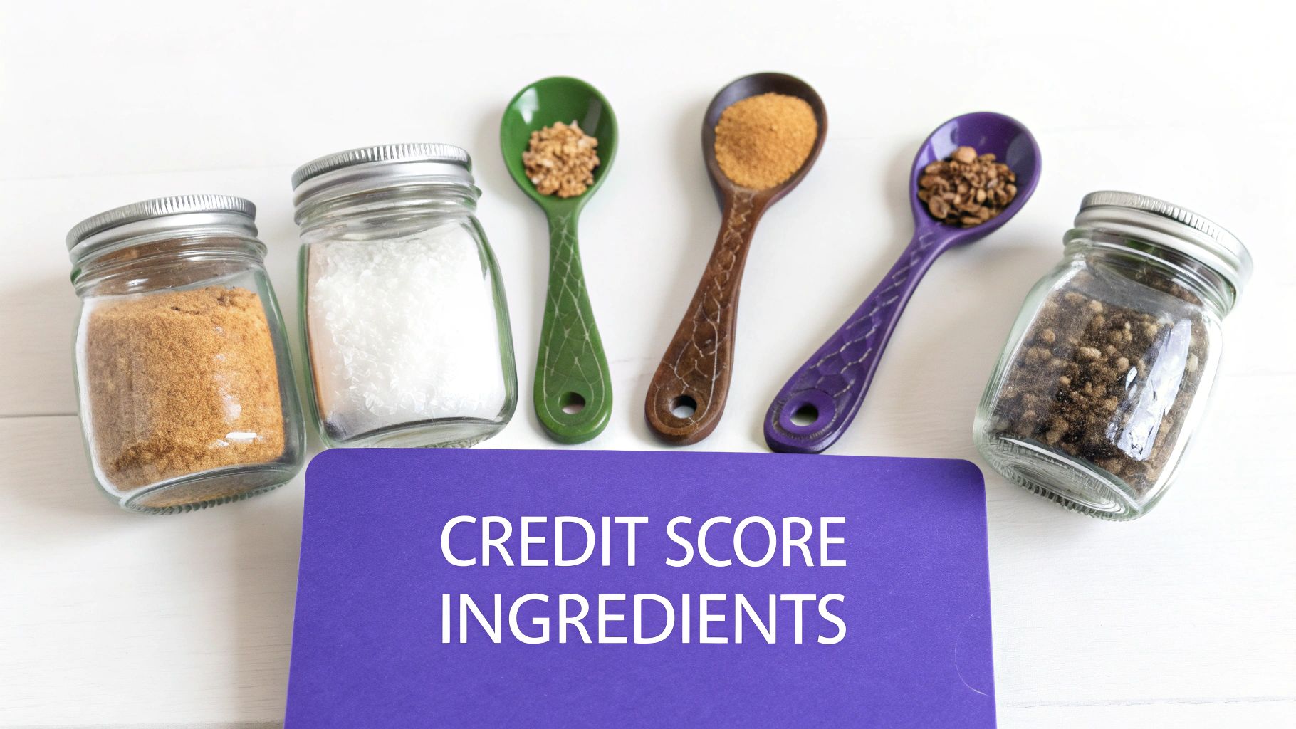 Various ingredients in jars and spoons, alongside a purple card reading "CREDIT SCORE INGREDIENTS."