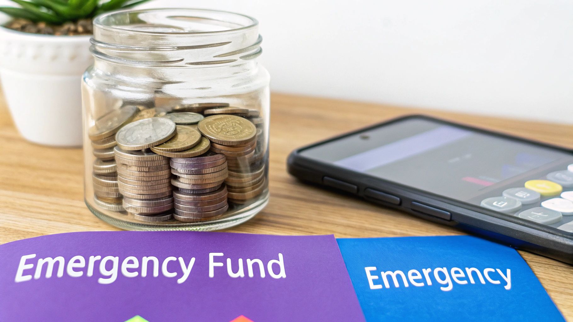 A glass jar filled with coins, a smartphone with a calculator, and 'Emergency Fund' cards.