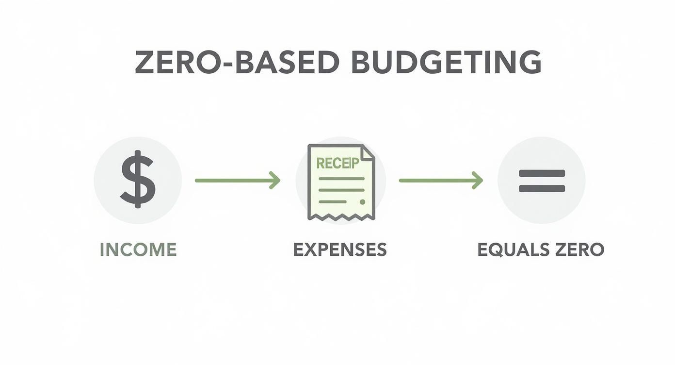 An illustration showing the zero-based budgeting process: income minus expenses equals zero.