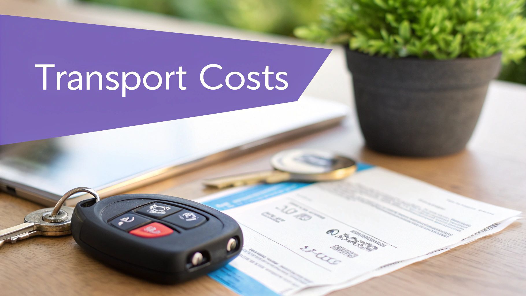 Car keys and a bill on a wooden table, representing transport expenses.