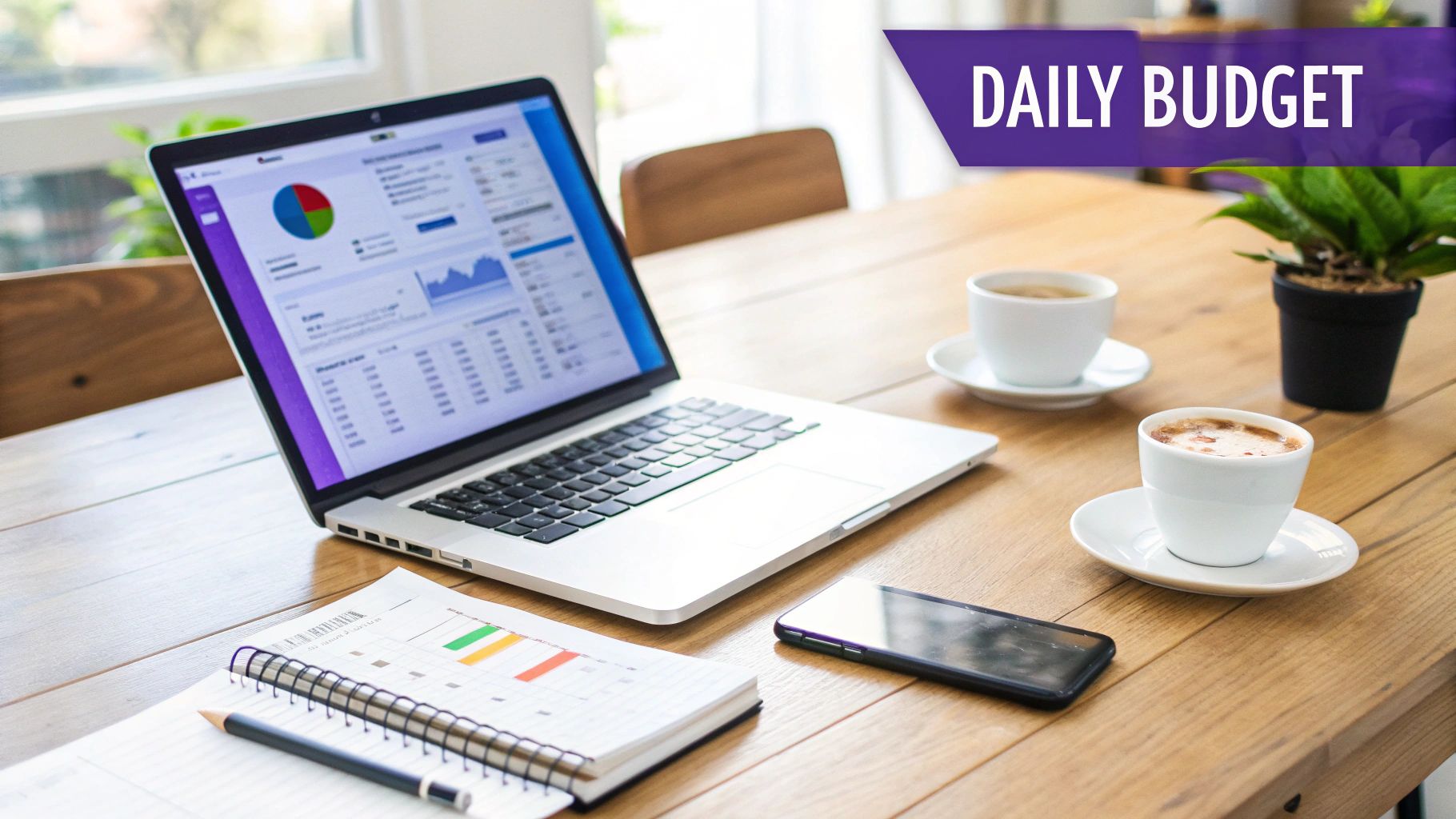 A laptop displaying financial charts on a wooden desk with coffee, a notebook, and a smartphone.
