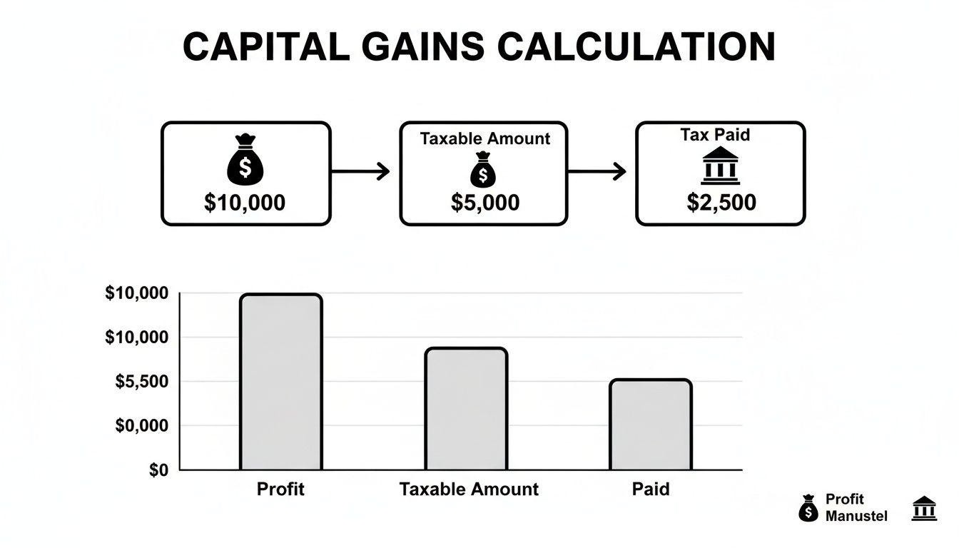 A diagram and bar chart illustrating capital gains calculation from $10,000 profit to $2,500 tax paid.