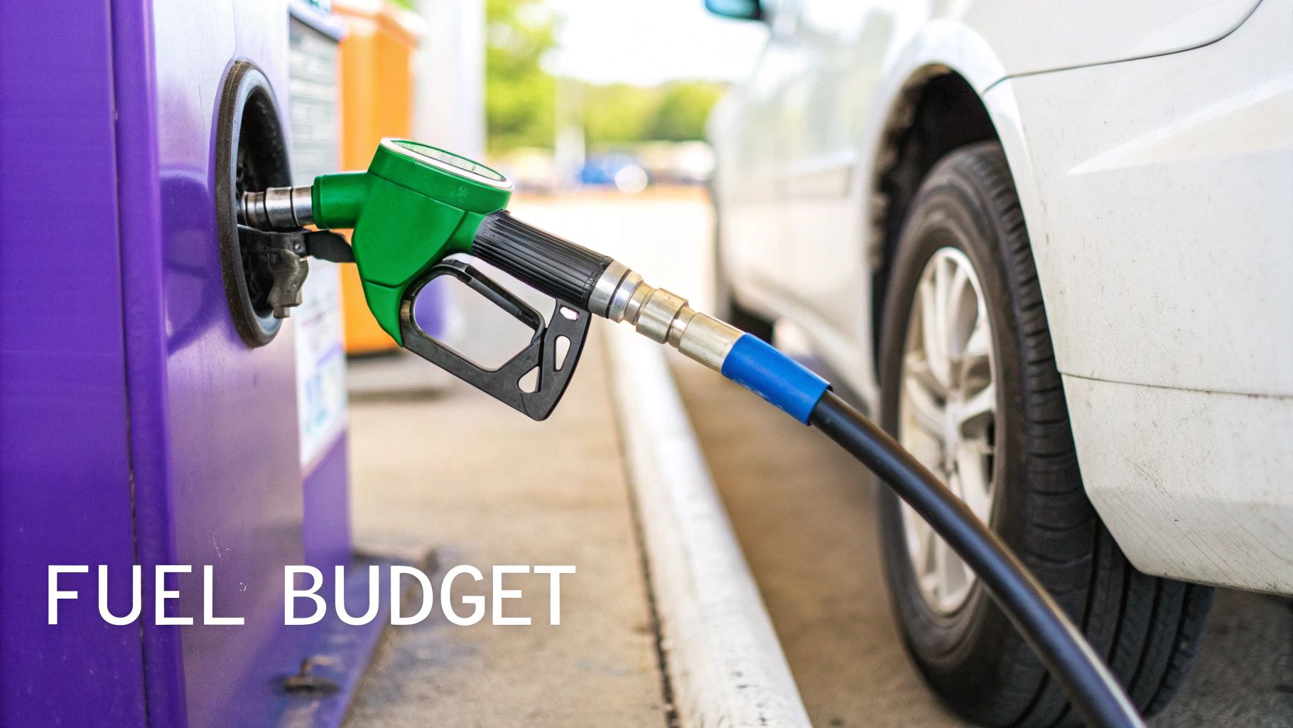 A green fuel nozzle is inserted into a purple gas pump, refueling a white car.