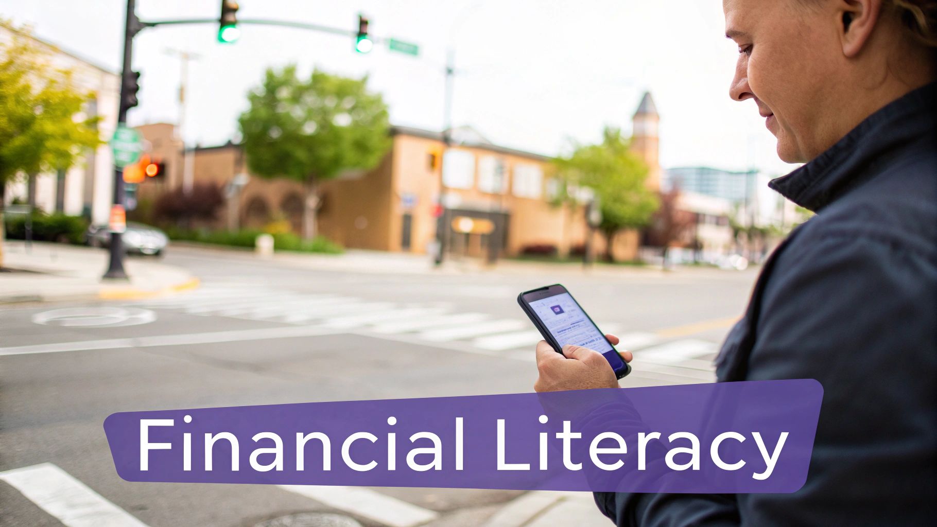 Person uses a smartphone at a crosswalk, with a 'Financial Literacy' text overlay.