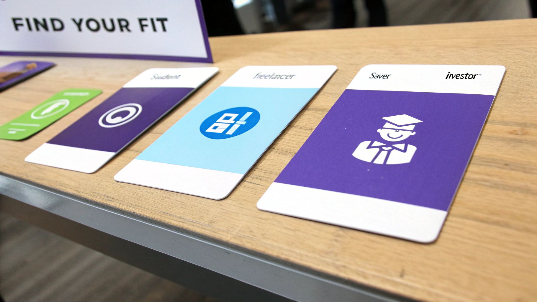 Financial profile cards for Student, freelancer, Saver, and investor displayed on a wooden table with a 'FIND YOUR FIT' sign.