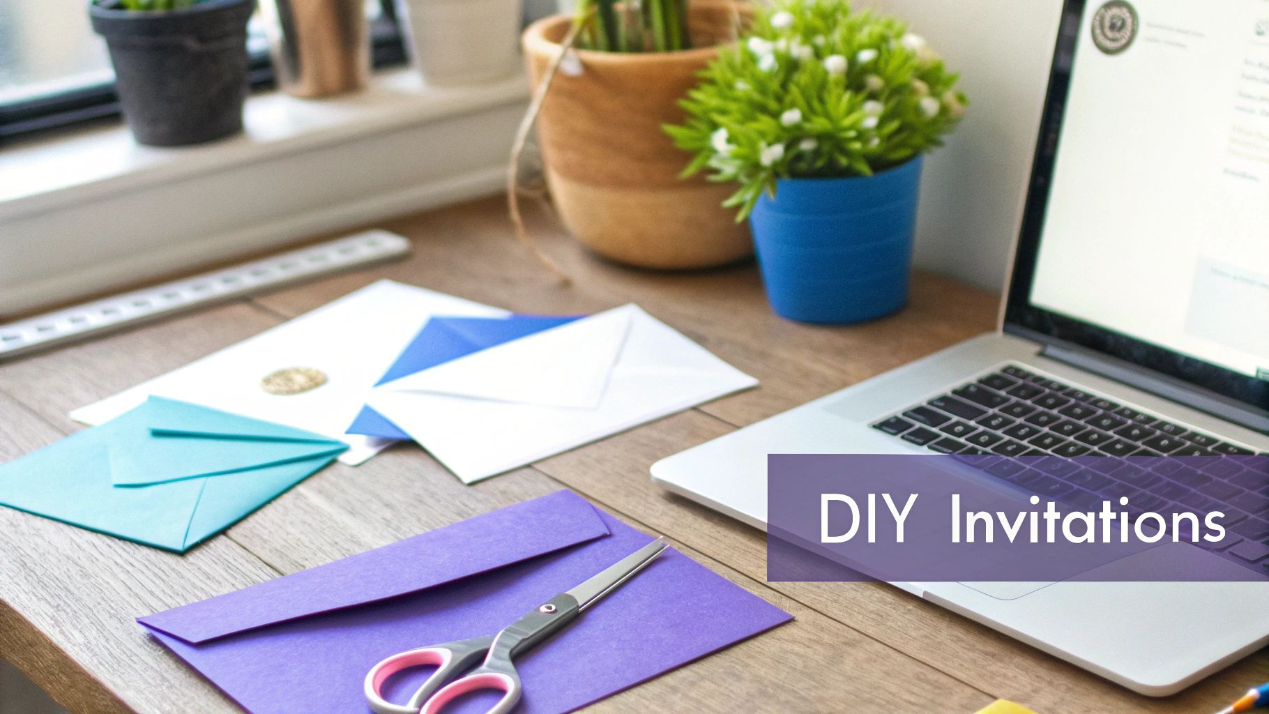 A wooden desk with colorful envelopes, scissors, and a laptop, displaying "DIY Invitations" for crafting.