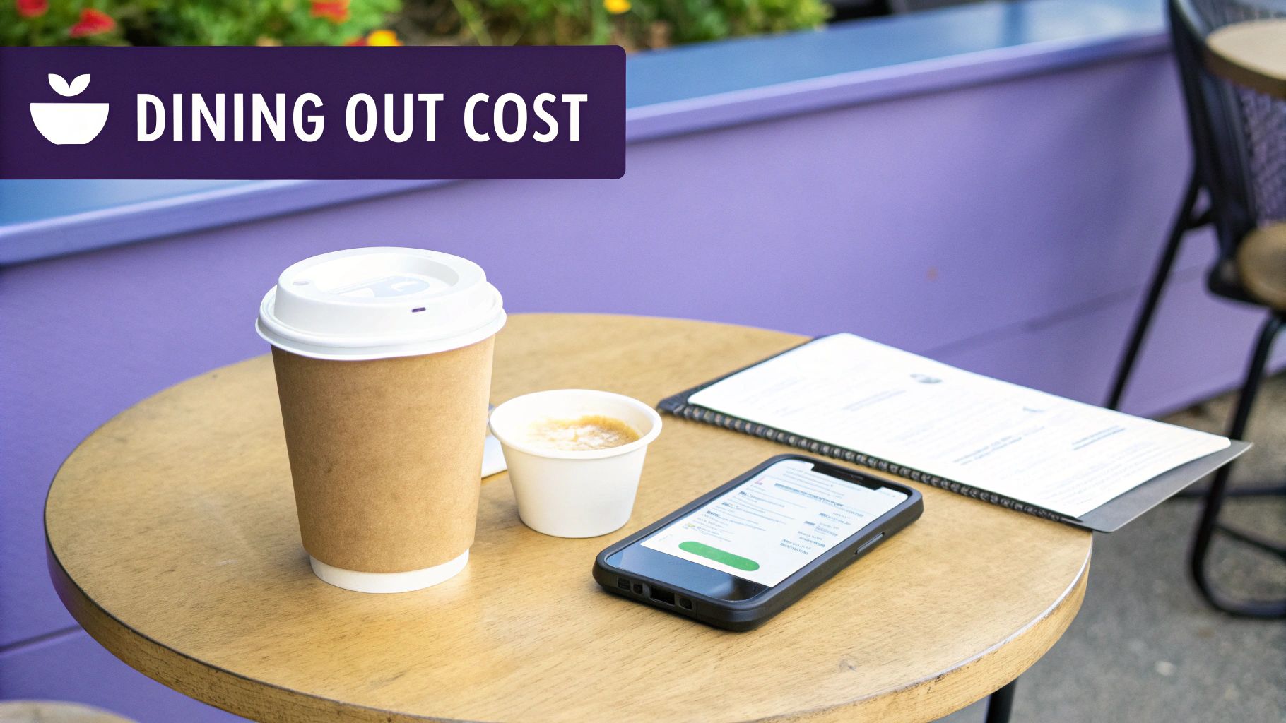 A cafe table with a coffee cup, espresso, smartphone, and menu, symbolizing dining out costs.