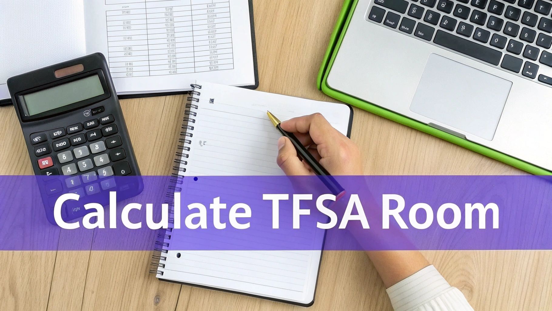 A person calculates TFSA room with a calculator, notebook, pen, and laptop on a wooden desk.