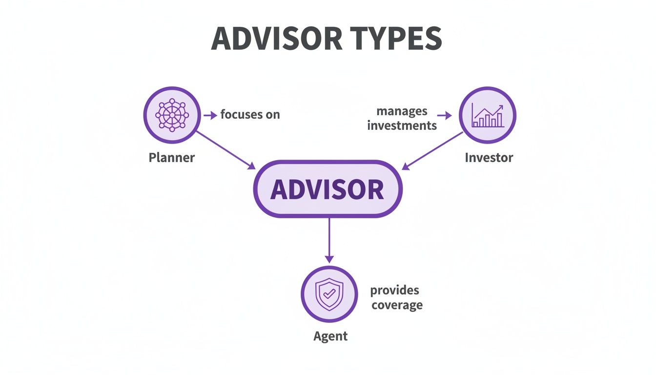 A diagram illustrating advisor types: Planner focuses, Investor manages investments, and Agent provides coverage.