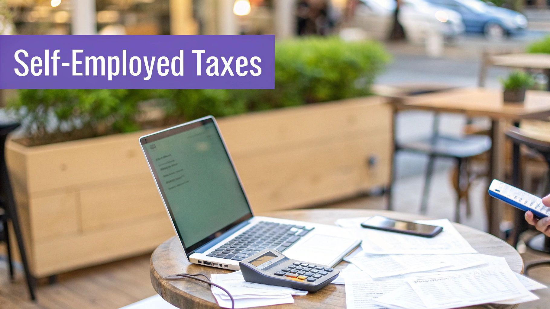 Outdoor table with a laptop, calculator, and papers, with text 'Self-Employed Taxes'.