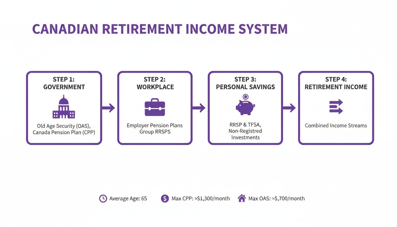 Flowchart illustrating the Canadian Retirement Income System, showing government, workplace, and personal savings steps.