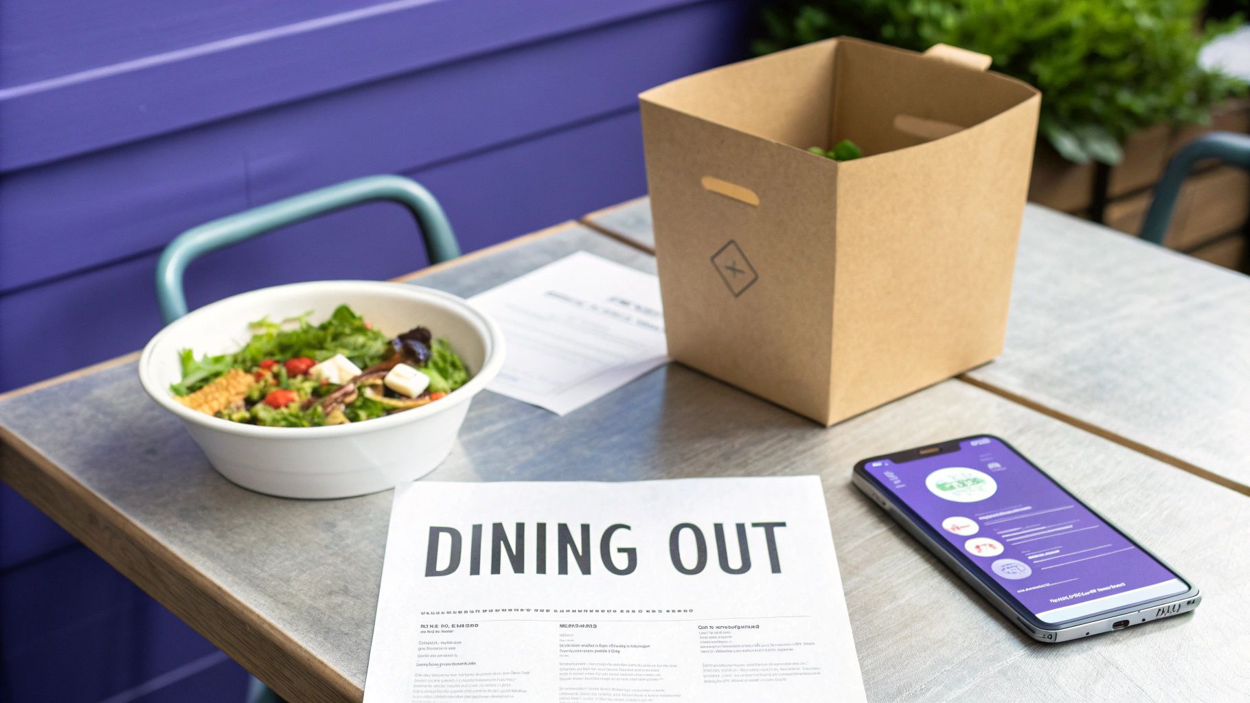 Outdoor dining setting with a fresh salad, a brown paper bag, and a smartphone on a grey table.