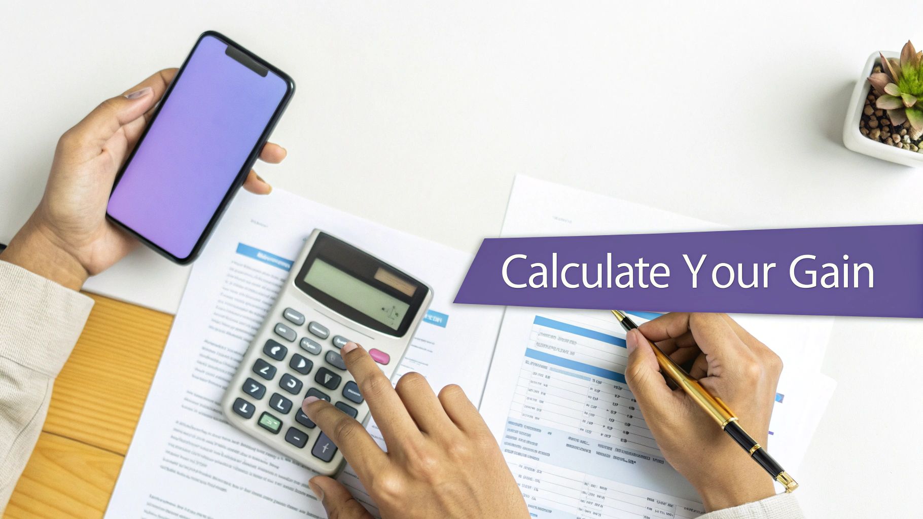 Hands using a calculator and smartphone on a desk with financial documents, planning for gains.