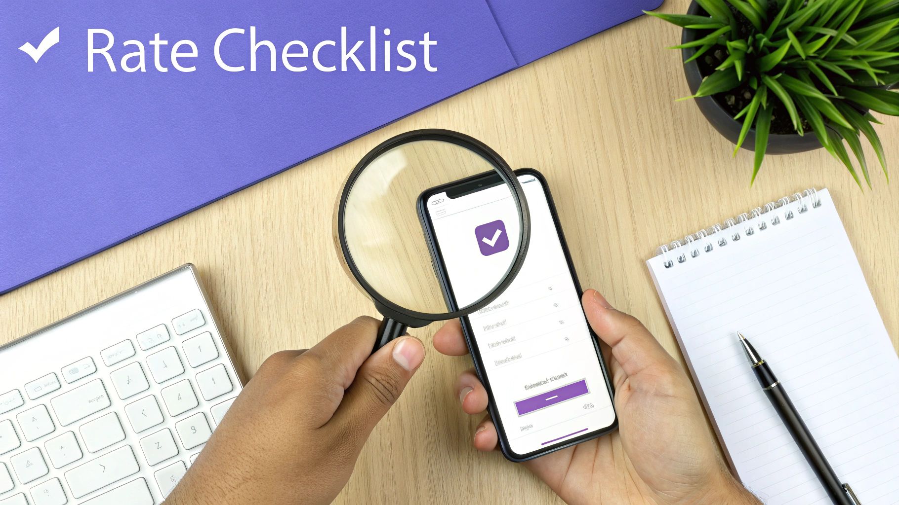 Hands hold a magnifying glass over a smartphone displaying a digital checklist, on a modern desk setup.