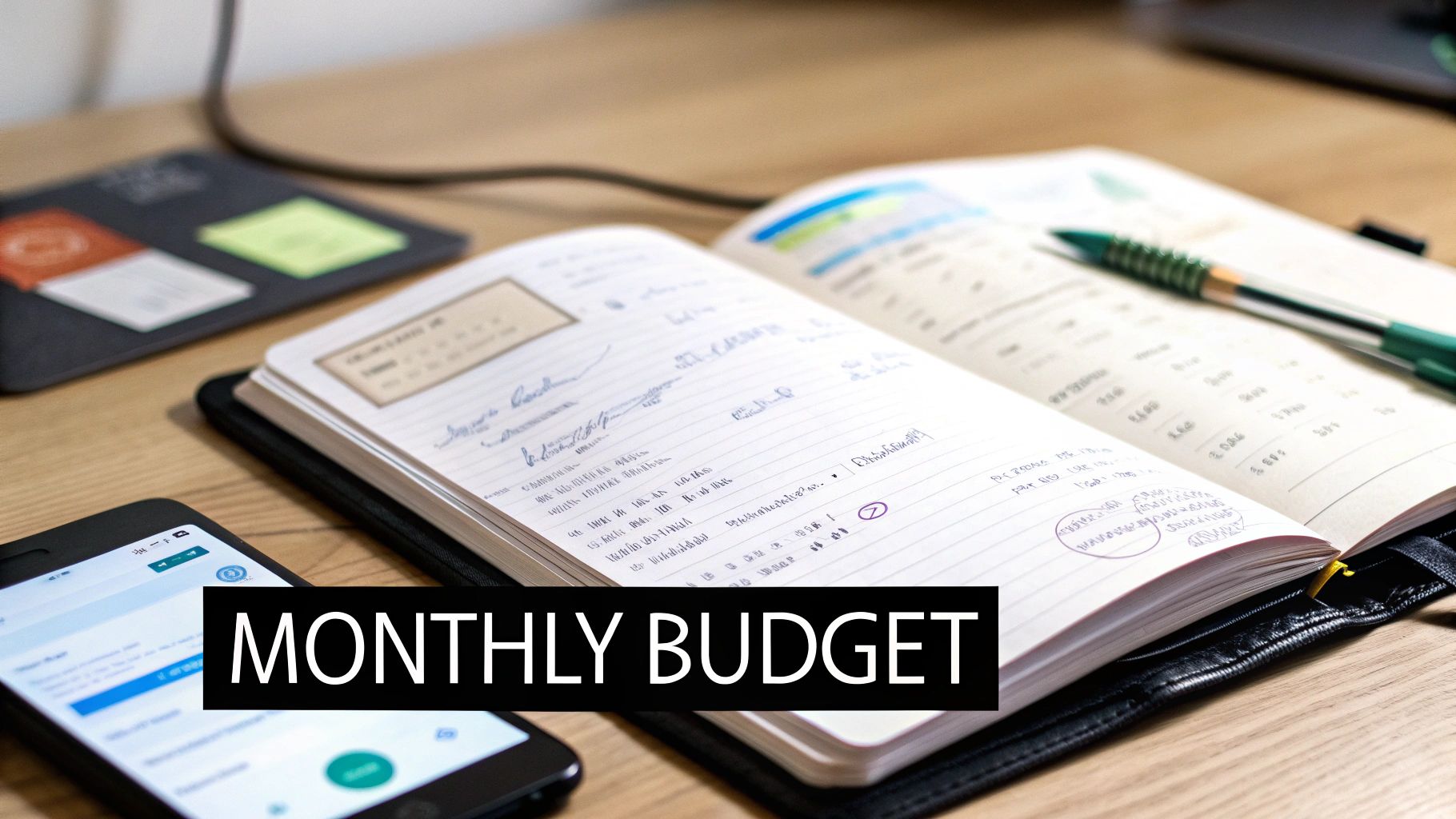 A top-down view of an open notebook with budget calculations, a pen, and a smartphone on a wooden desk.