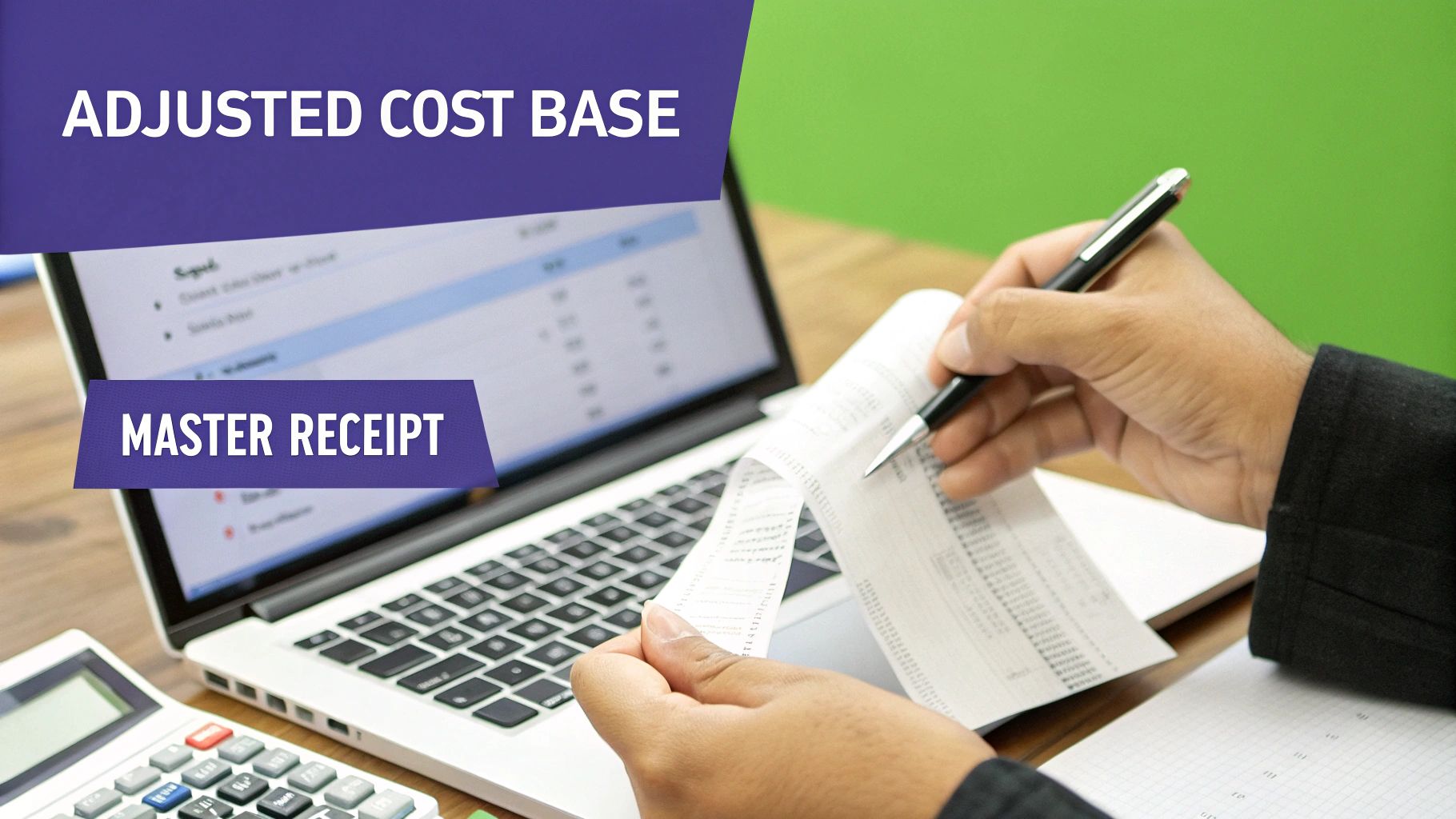 A person reviews a long master receipt with a laptop and calculator, related to adjusted cost base.