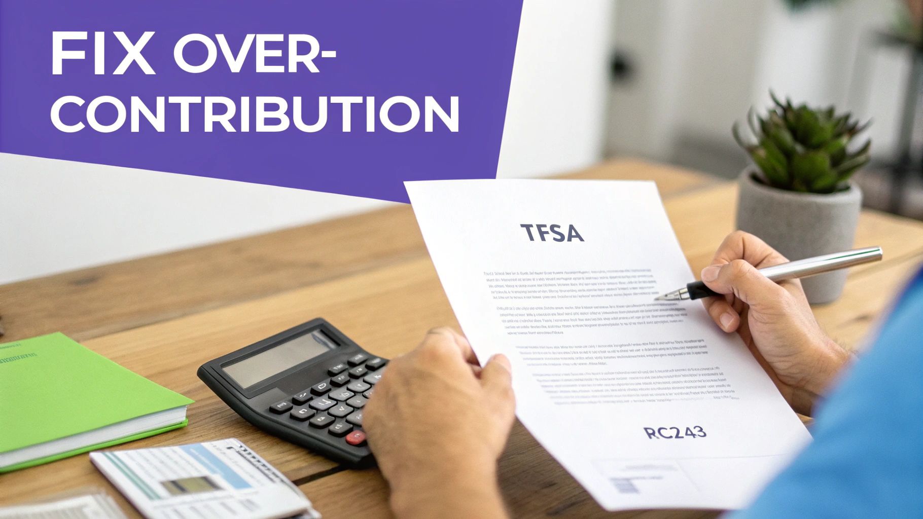 A person reviewing a TFSA document with a pen and calculator, text says 'FIX OVER-CONTRIBUTION'.
